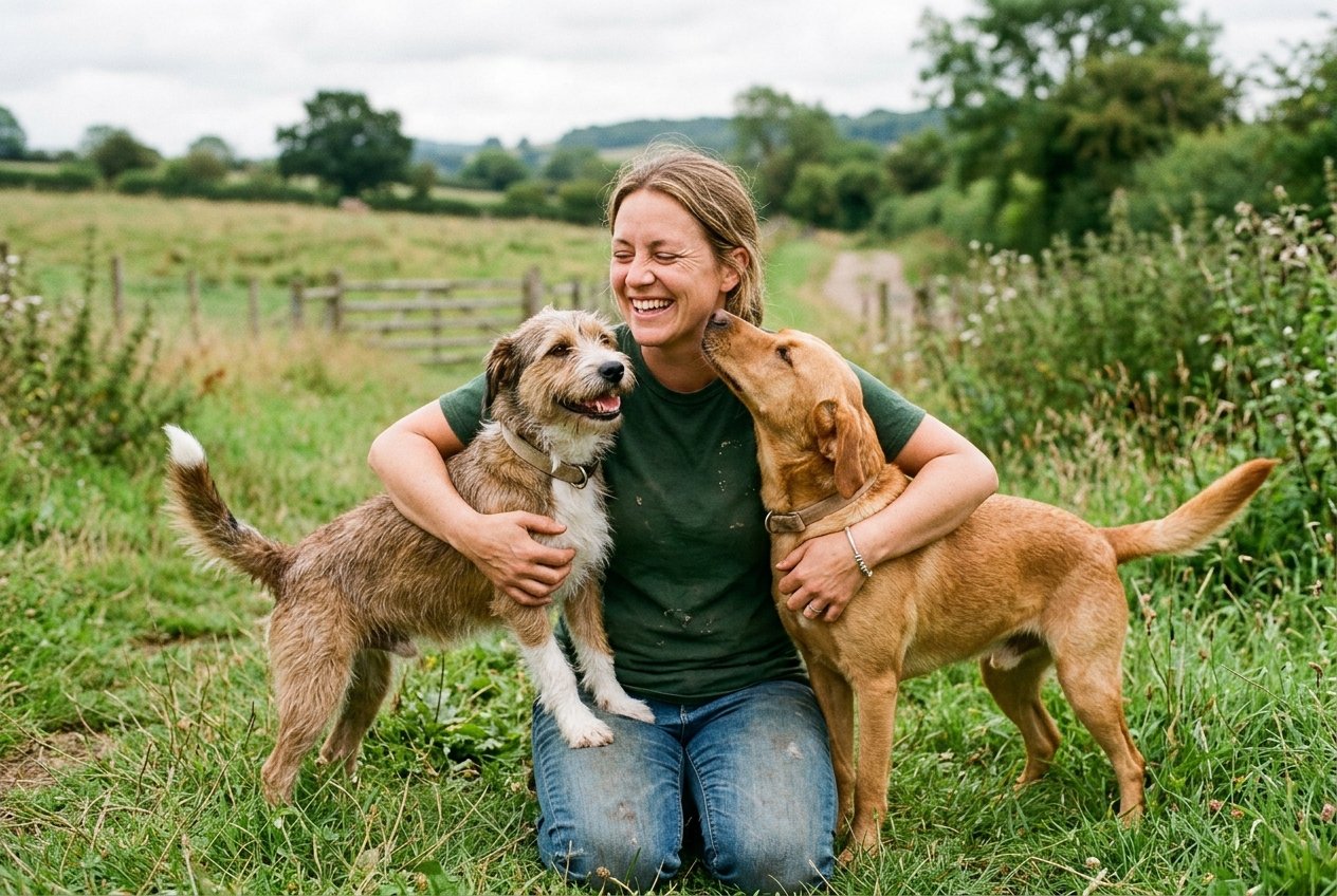 Volunteer with rescue dogs